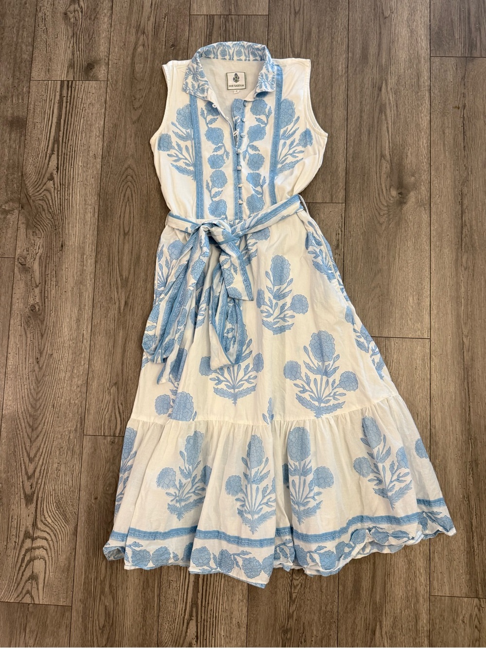 Sue Sartor Anthropologie Blue & White Floral Sleeveless Midi Size Small Dress